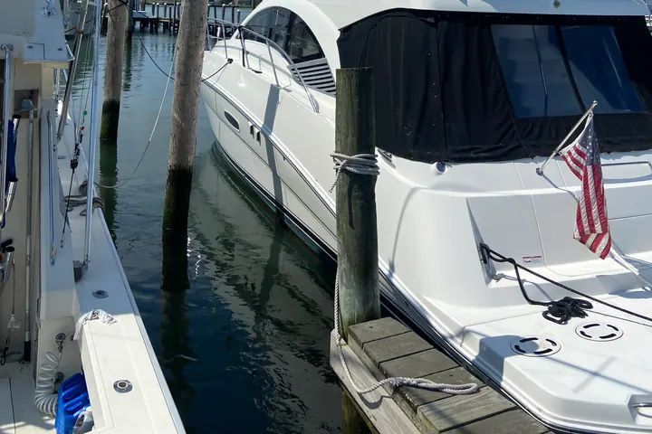 A flybridge motor yacht at her berth, hull sides and superstructure detailed to a showroom finish